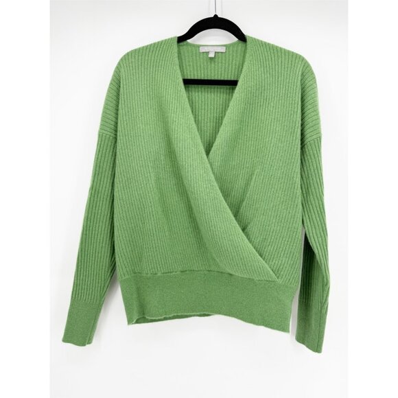 Neiman Marcus Women's Green Ribbed Faux Wrap Cashmere Sweater Size L - Picture 2 of 8